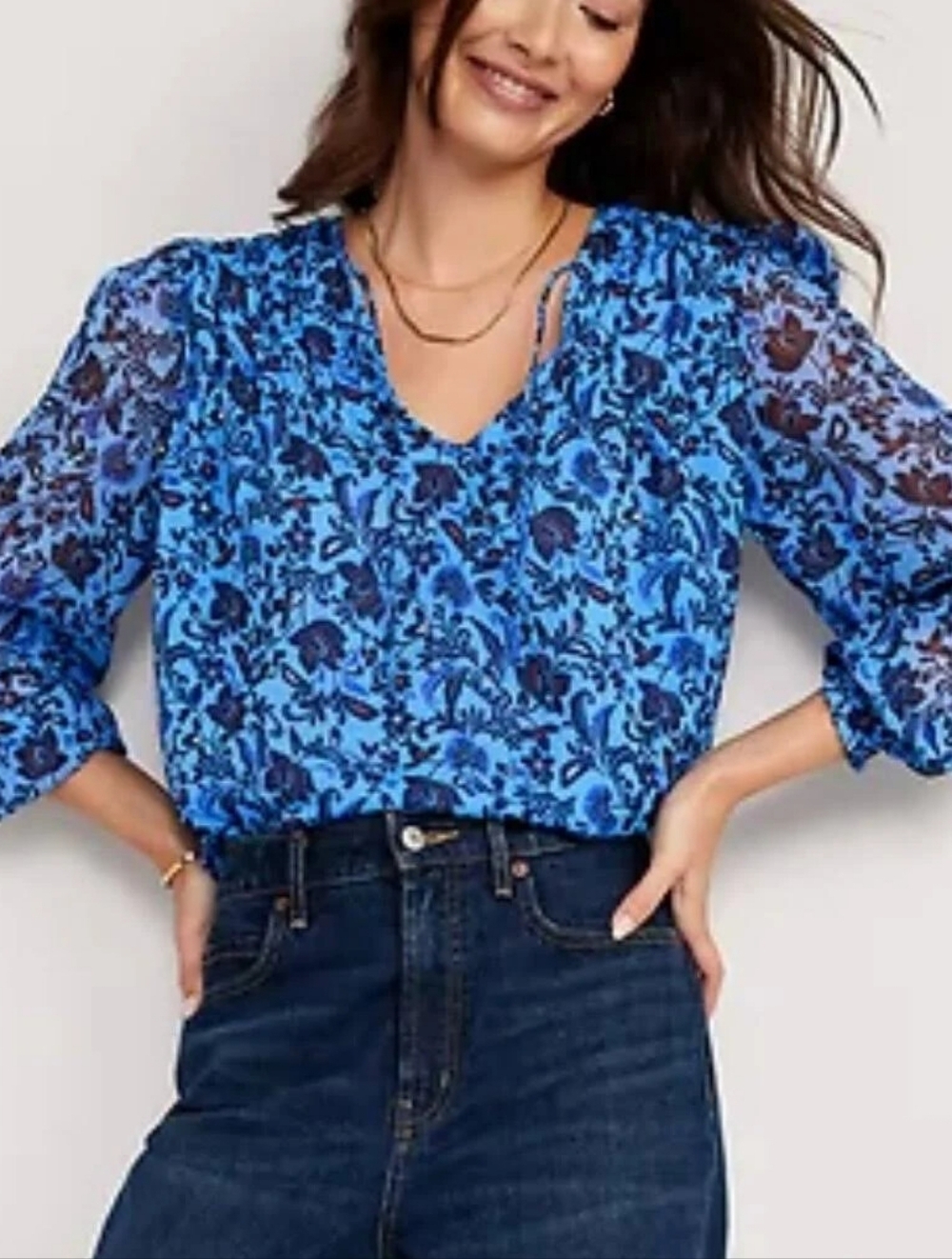Old Navy Chiffon Smocked Poet Swing Blue & Black Floral Print Blouse
